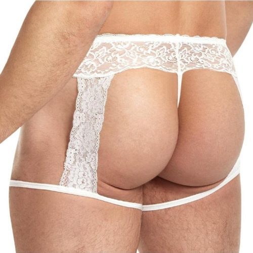 Lace King Men's Lace and Mesh Garter Panty - White - Large/XLarge