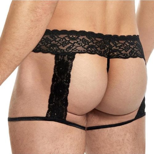 Lace King Men's Lace and Mesh Garter Panty - Black - Large/XLarge